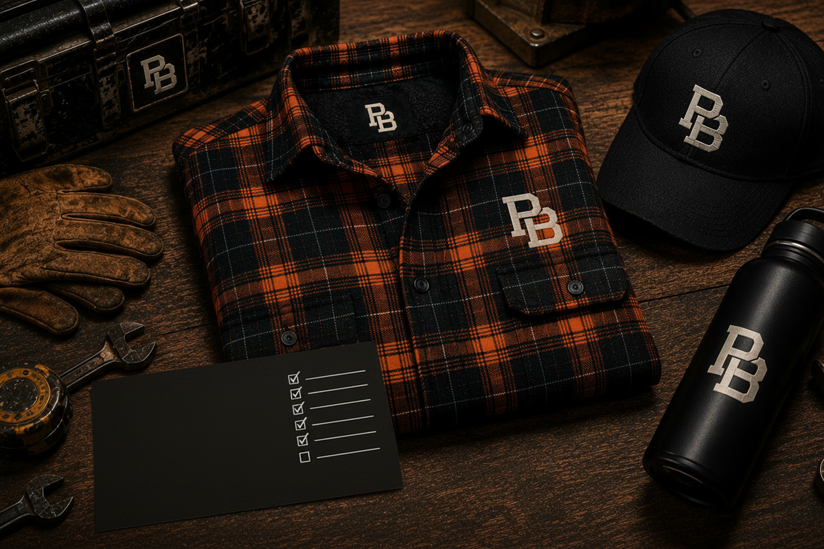 Flannel shirt, cap, gloves, and other items on a wooden surface with 'DB' branding.